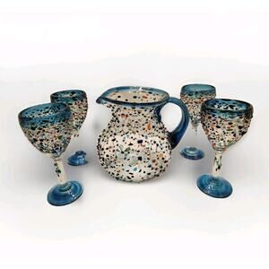 Hand Blown Mexican Confetti Rock Colorful Pitcher W/4 Wine Sangria Glasses Teal